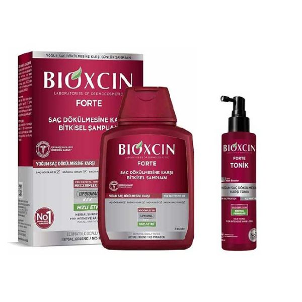 خرید و قیمت پک ضد ریزش بیوکسین BIOXCIN مدل FORTE حاوی شامپو و تونیک حجم 300 + 200 میل