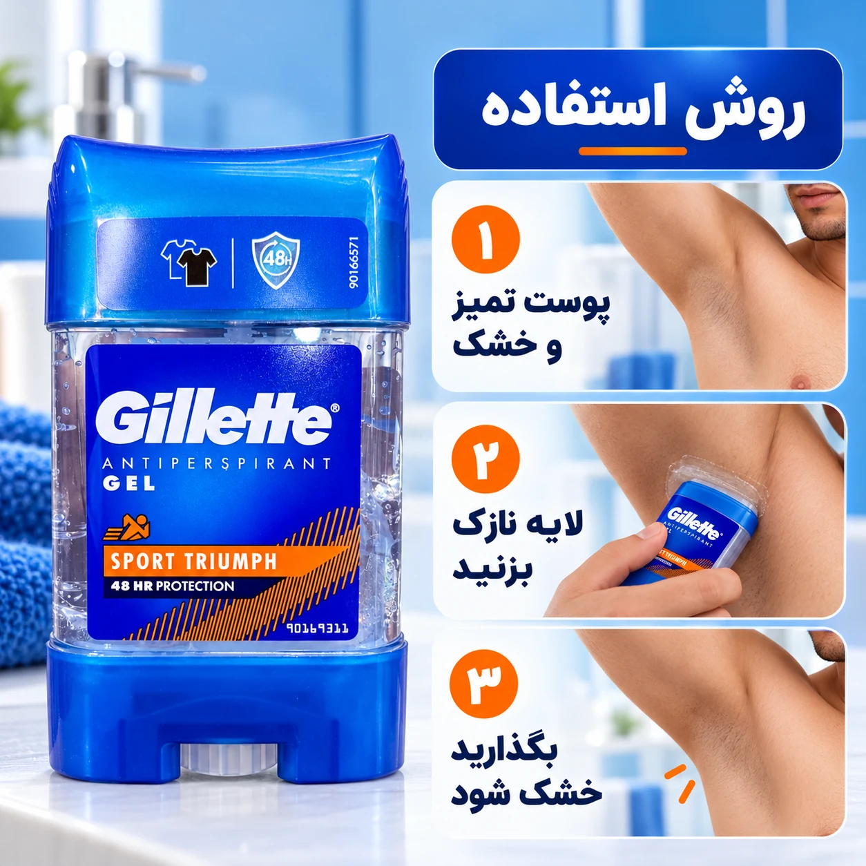 اینفوگرافیک روش مصرف مام ژله‌ای ضدتعریق ژیلت Sport Triumph
