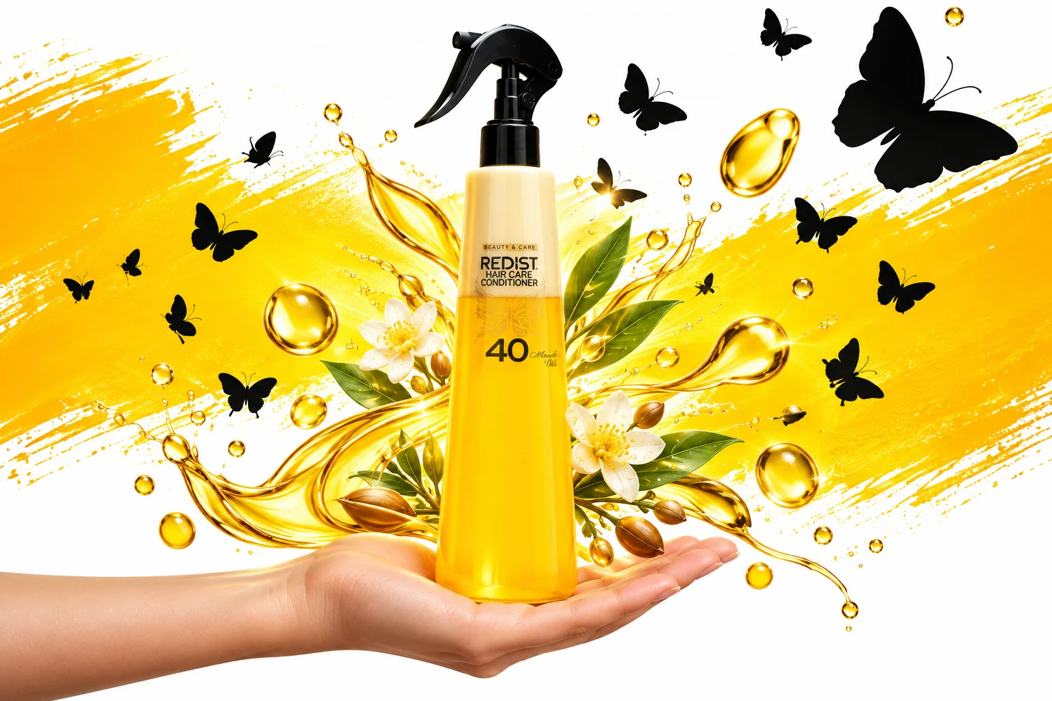 گرافیک ردیست 40 Miracle Oils با تصویر بطری و عناصر طلایی مرتبط با روغن و درخشندگی مو